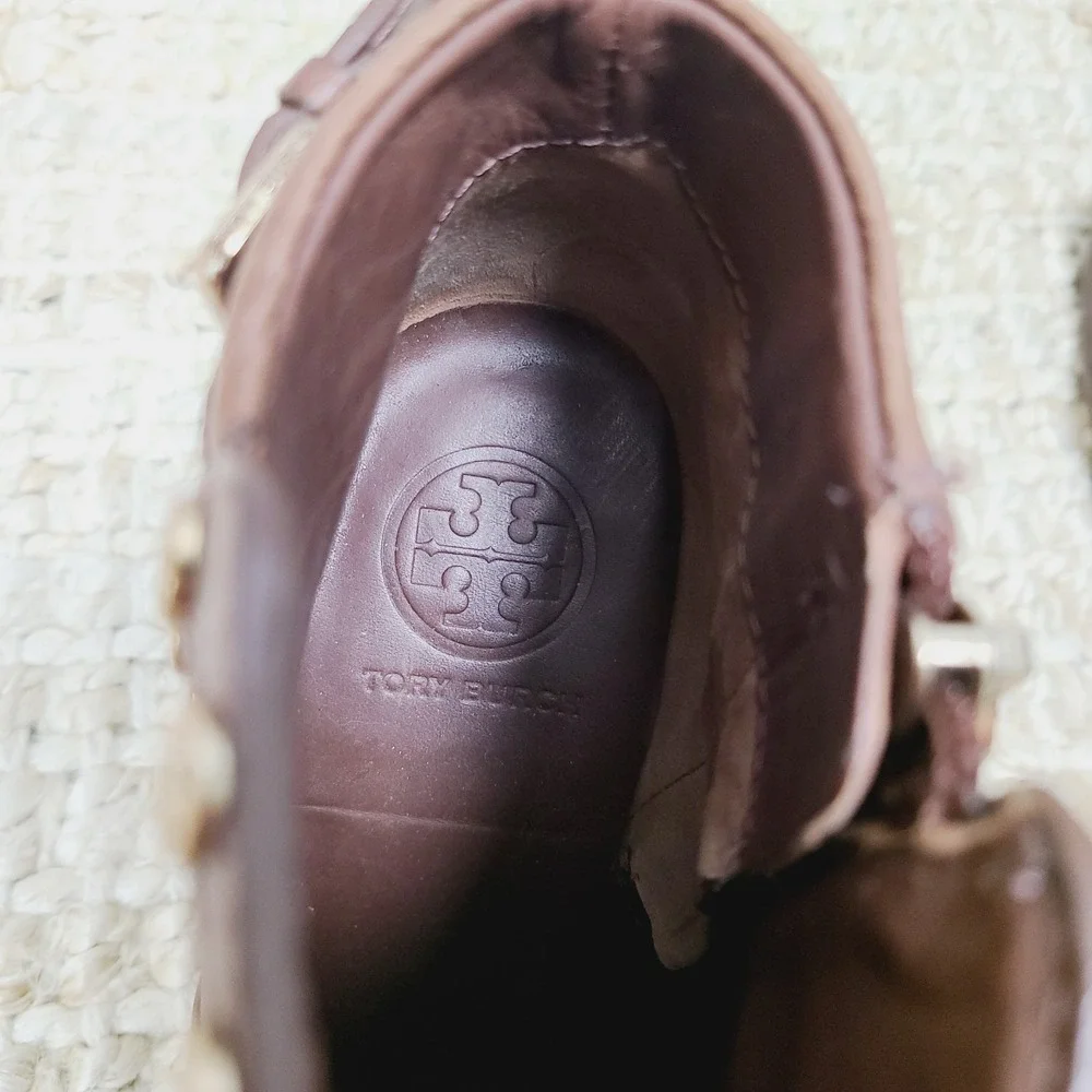 Tory Burch Mae‎ Bootie Heels 7 Brown Leather Studded Ankle Block Platform